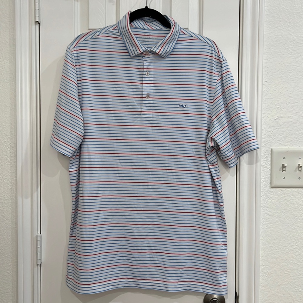 Vineyard Vines Performance Polo White Red/Blue Striped Size L